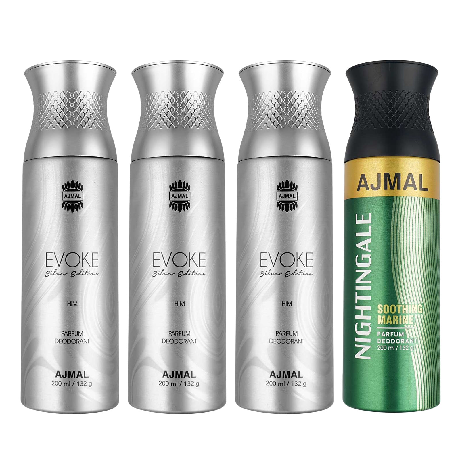 3 Evoke Silver Edition for Him for Men and 1 Nightingale For Unisex Deodorants each 200ML Combo pack of 4