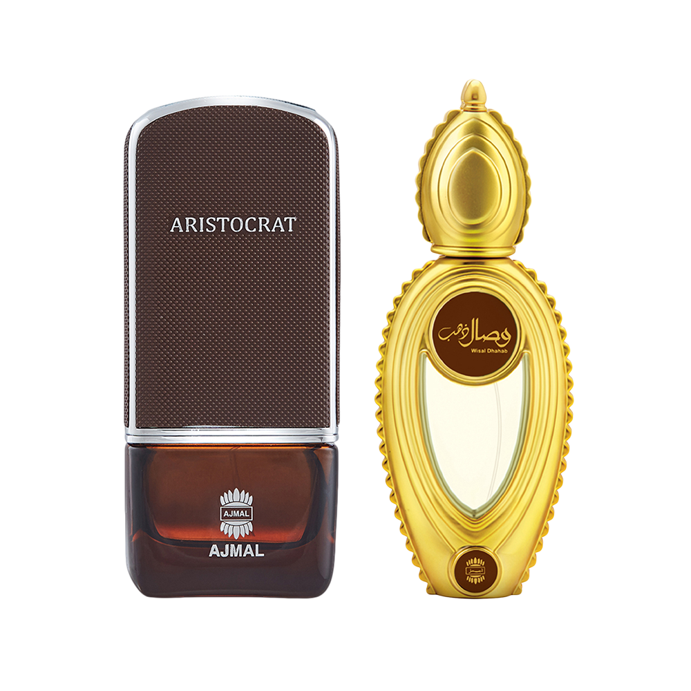 Aristocrat EDP Citrus Woody Perfume 75ml for Men and Wisal Dhahab EDP Fruity Floral Perfume 50ml for Men Pack of 2