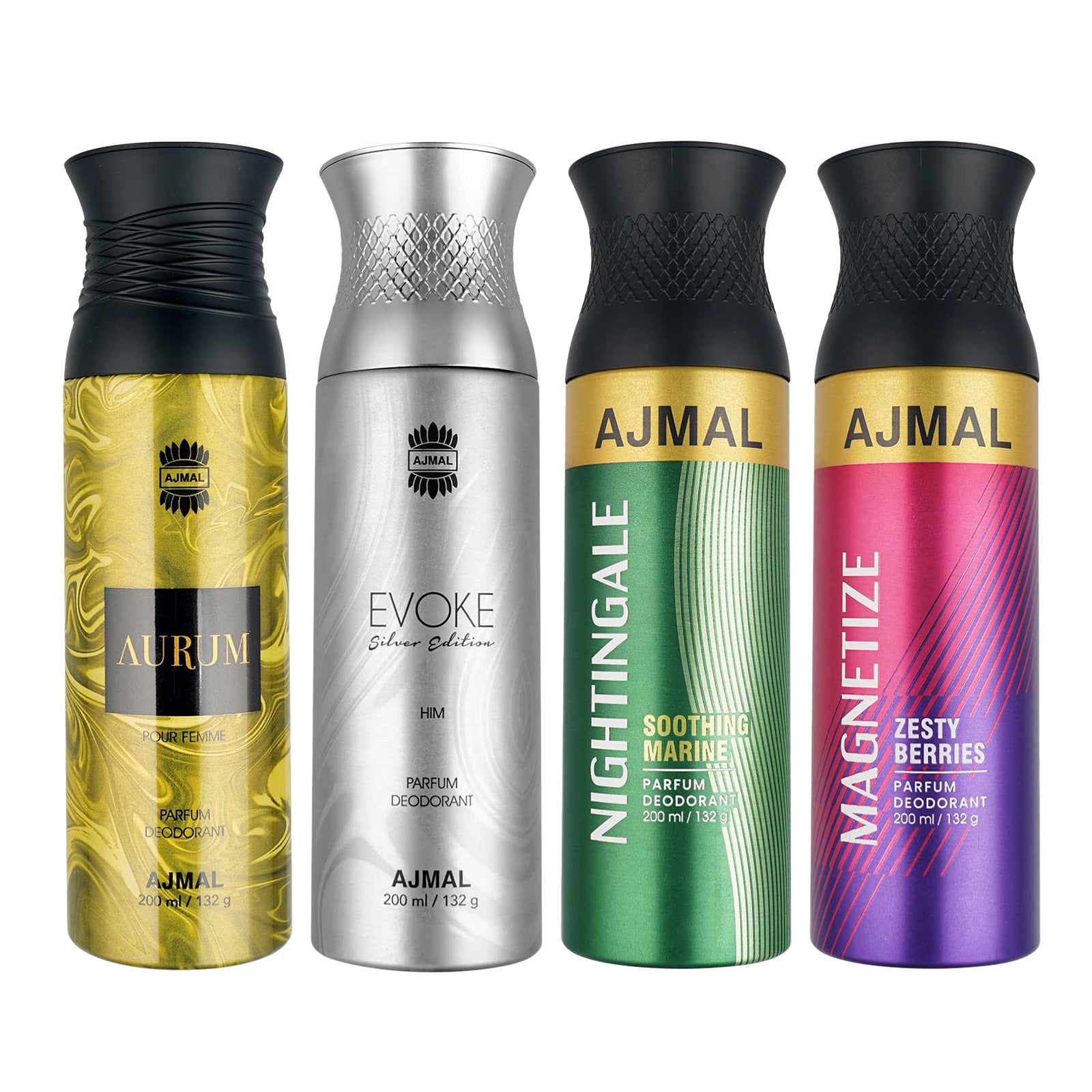 1 Aurum Femme for Women, 1 Evoke Silver Edition for Him Homme for Men, 1 Nightingale and 1 Magnetize For Unisex Deodorants each 200ML Combo pack of 4