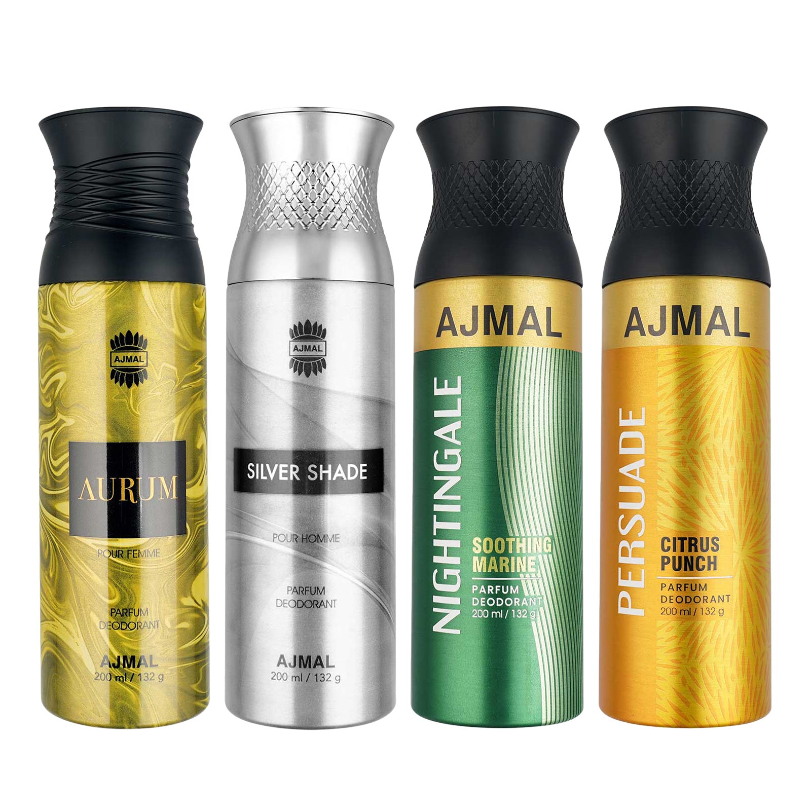 1 Aurum Femme for Women, 1 Silver Shade Homme Homme for Men, 1 Nightingale and 1 Persuade For Unisex Deodorants each 200ML Combo pack of 4