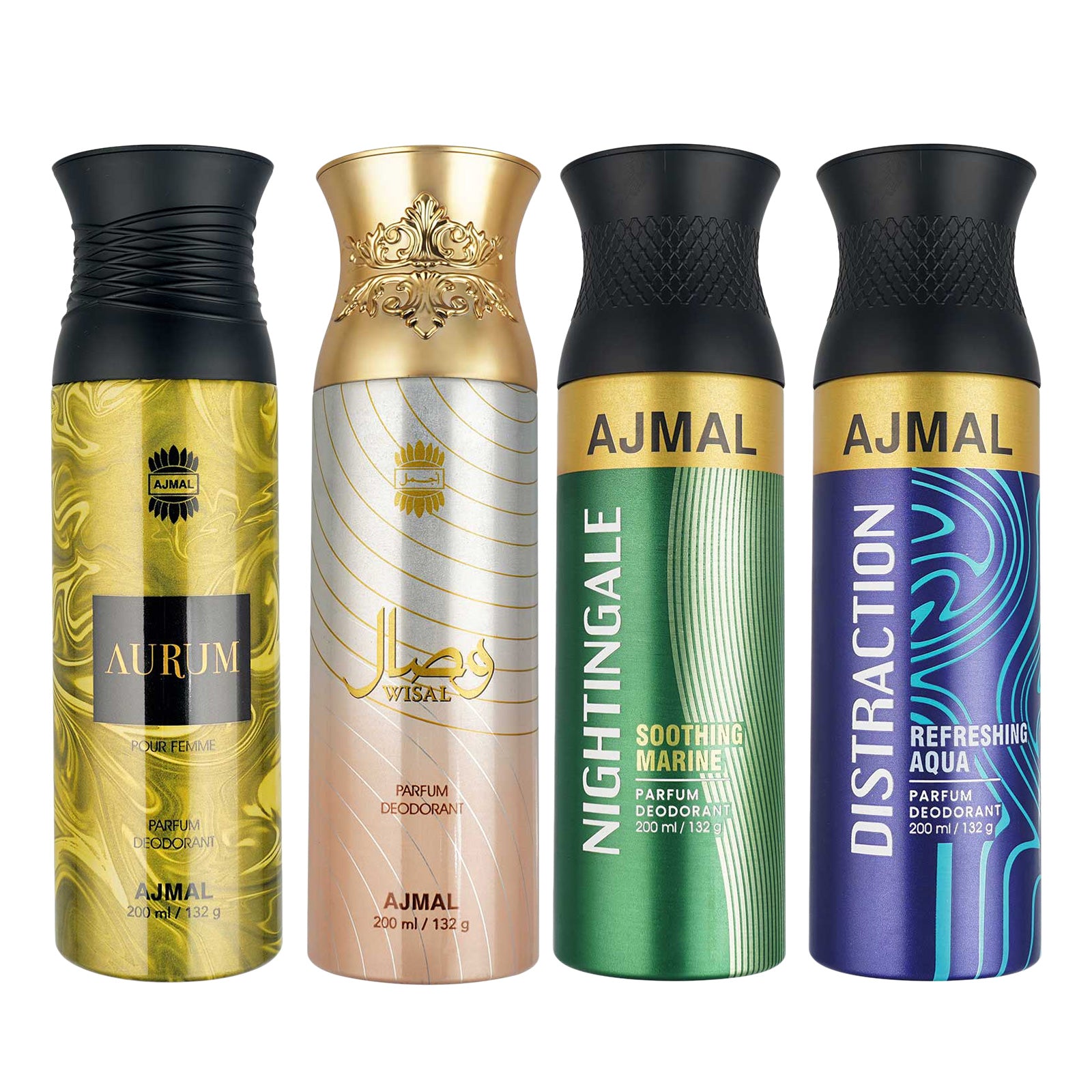 1 Aurum Femme for Women, 1 Wisal for Women, 1 Nightingale and 1 Distraction For Unisex Deodorants each 200ML Combo pack of 4