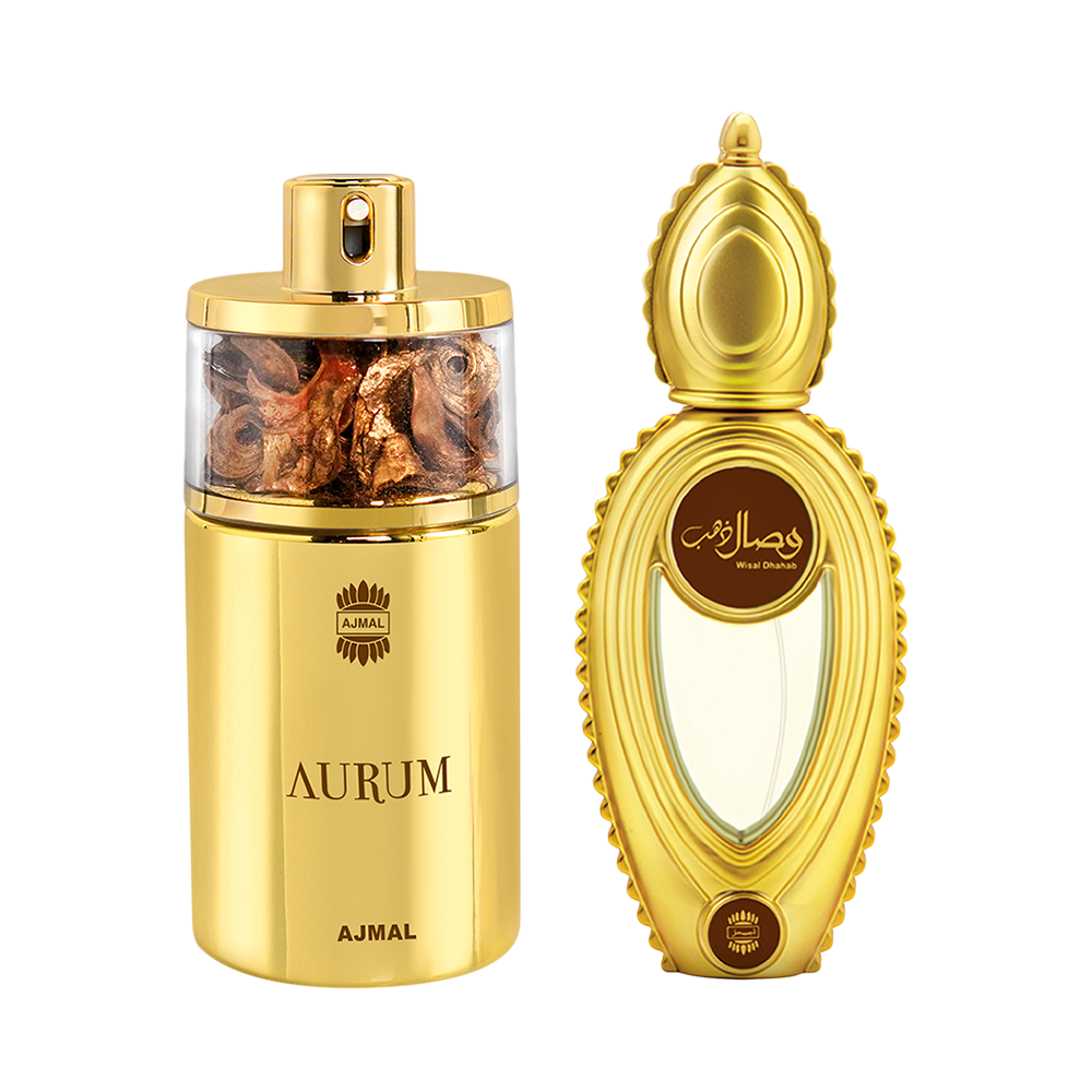 Aurum EDP Fruity Floral Perfume 75ml for Women and Wisal Dhahab EDP Fruity Floral Perfume 50ml for Men Pack of 2