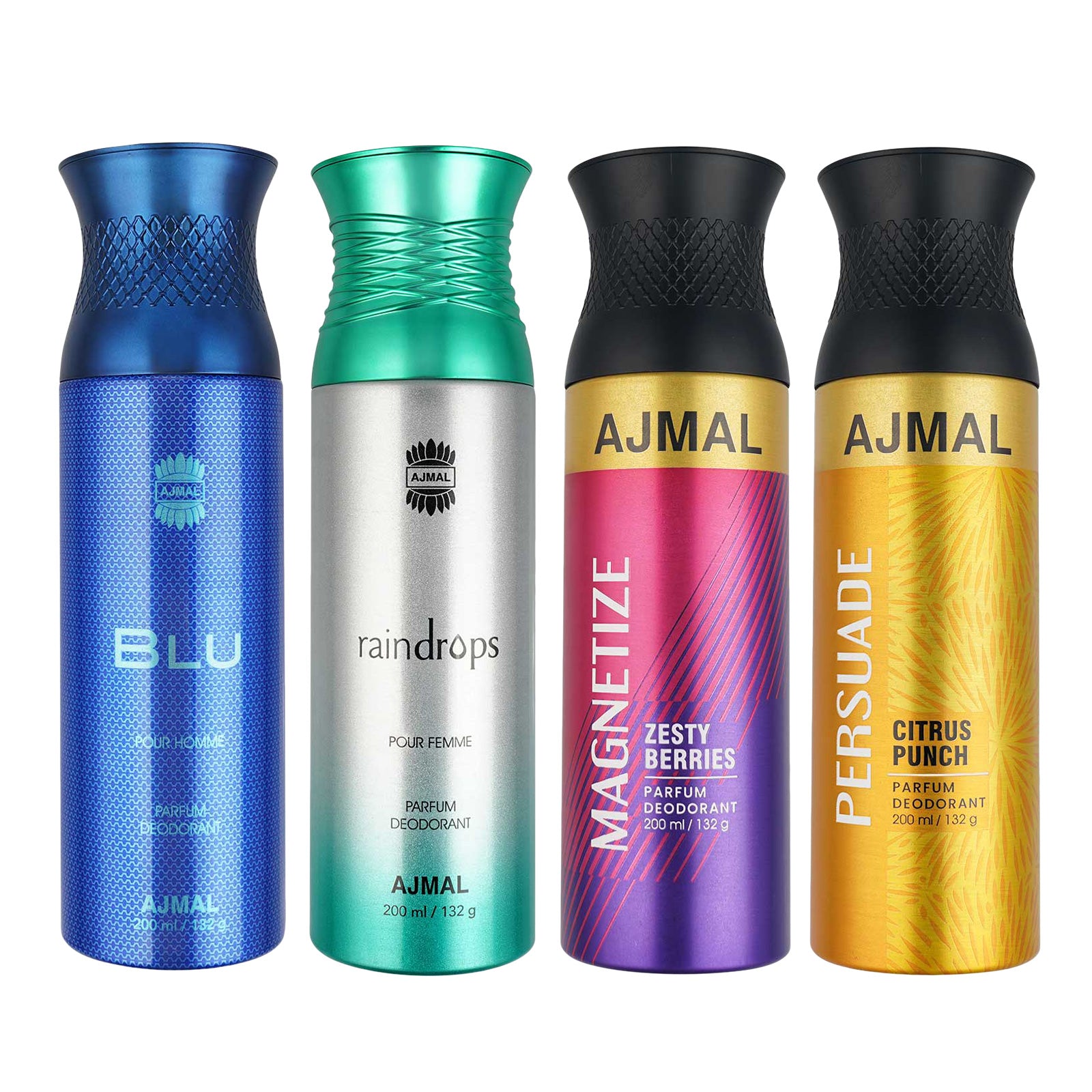 1 Blu Homme for Men, 1 Raindrops Femme for Women, 1 Magnetize and 1 Persuade For Unisex Deodorants each 200ML Combo pack of 4