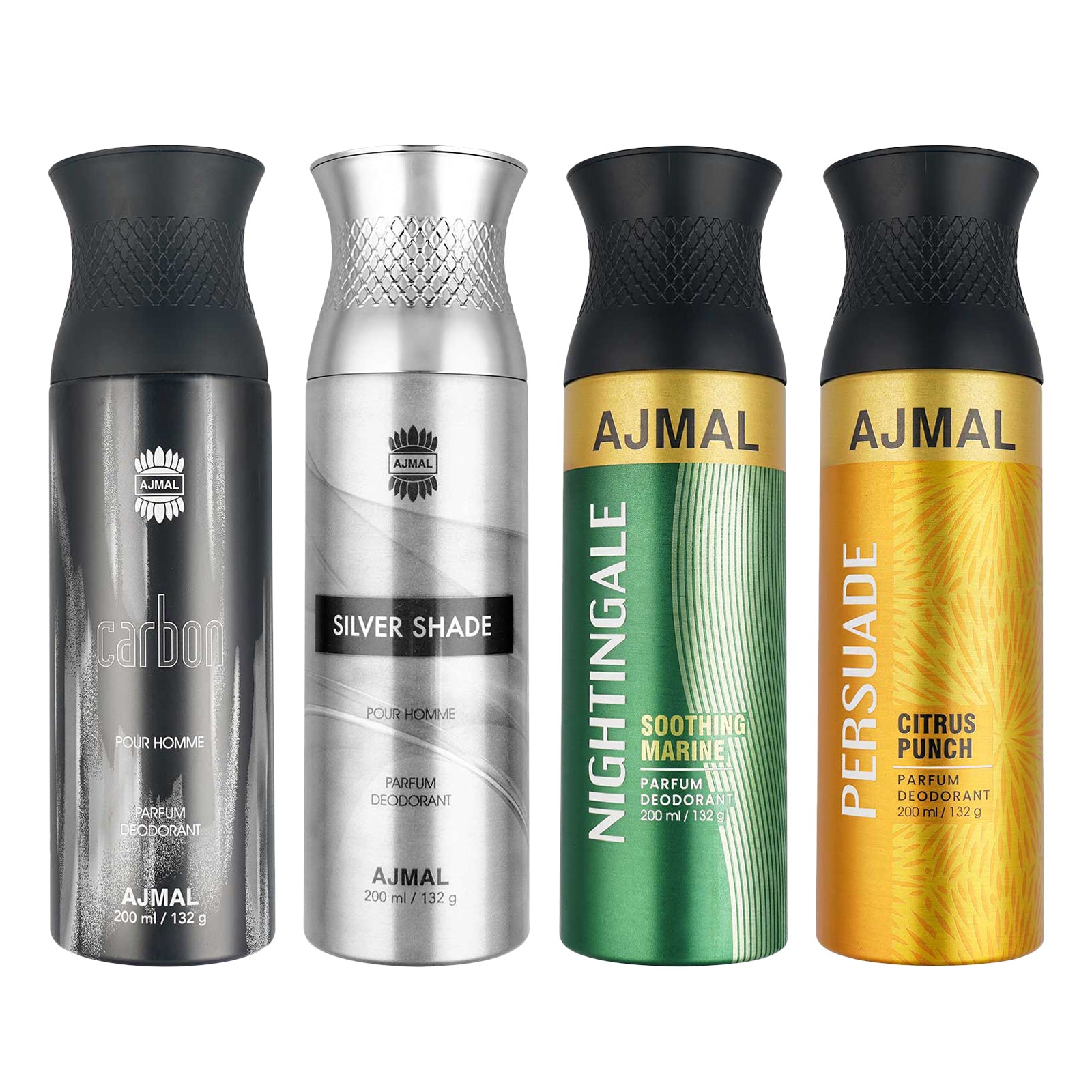 1 Carbon Homme for Men, 1 Silver Shade Homme for Men, 1 Nightingale and 1 Persuade For Unisex Deodorants each 200ML Combo pack of 4