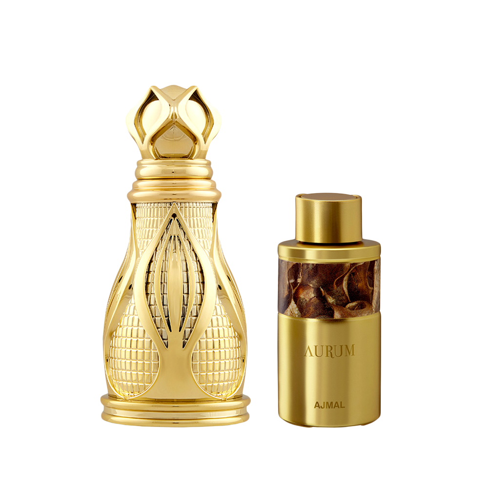 Khofooq Concentrated Perfume Oil Woody Oudhy Alcohol-free Attar 18ml for Unisex and Aurum Concentrated Perfume Oil Fruity Floral Alcohol-free Attar 10ml for Women Pack of 2