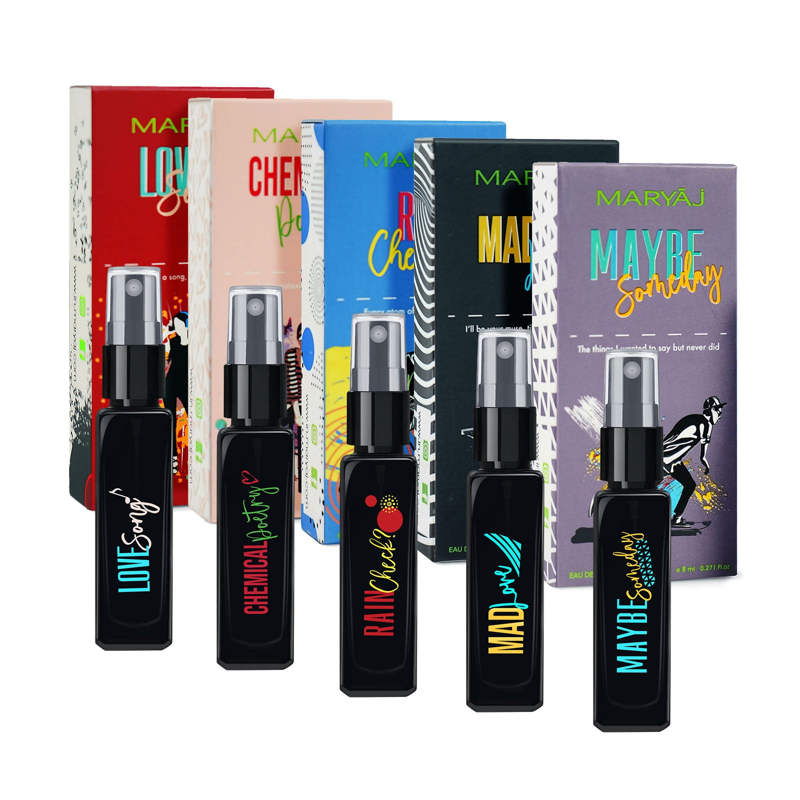 Maryaj Love Song EDP and Chemical Poetry EDP and Rain Check EDP and Mad Love EDP and Maybe Someday EDP (Pack of 5, Each 8ML) Long Lasting Scent Spray Gift For Men and Women