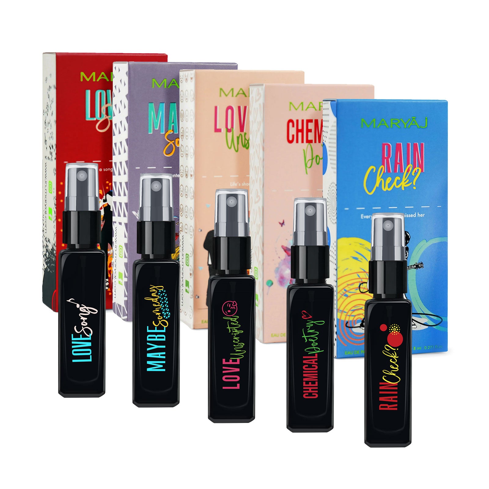 Maryaj Love Song EDP and Maybe Someday EDP and Love Unscripted EDP and Chemical Poetry EDP and Rain Check EDP (Pack of 5, Each 8ML) Long Lasting Scent Spray Gift For Men and Women