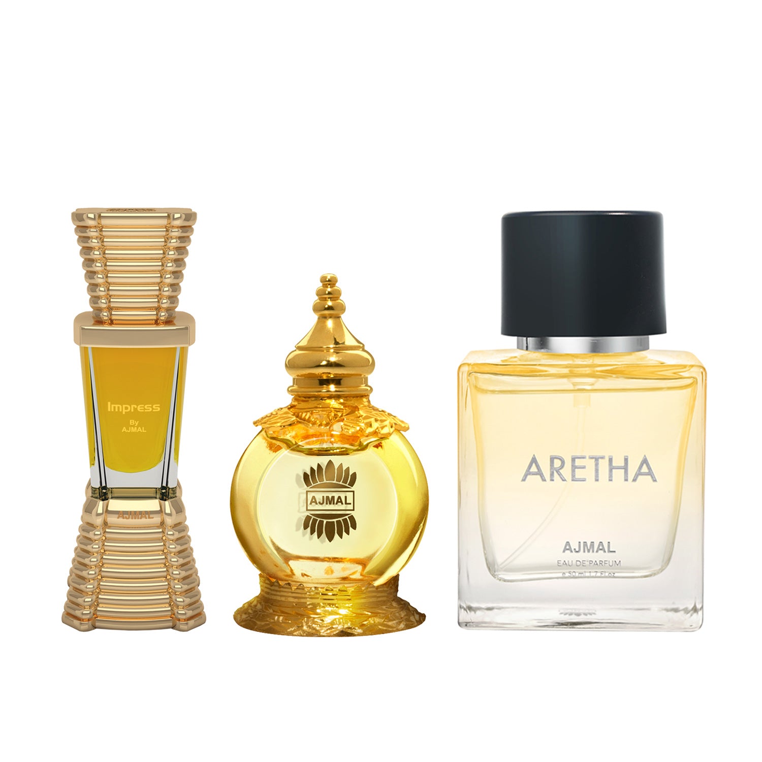 Mukhallat AL Wafa Concentrated Perfume Oil Oriental Musky Alcohol-free Attar 12ml for Unisex and Impress Concentrated Perfume Oil Citrus Alcohol-free Attar 10ml for Men and Aretha EDP 50 ml for Women