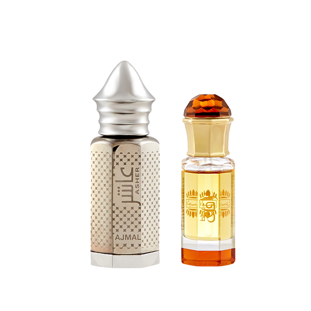 Mukhallat Raaqi Concentrated Perfume Oil Floral Fruity Alcohol-free Attar 10ml for Unisex and Asher Concentrated Perfume Oil Oriental Alcohol-free Attar 12ml for Unisex Pack of 2