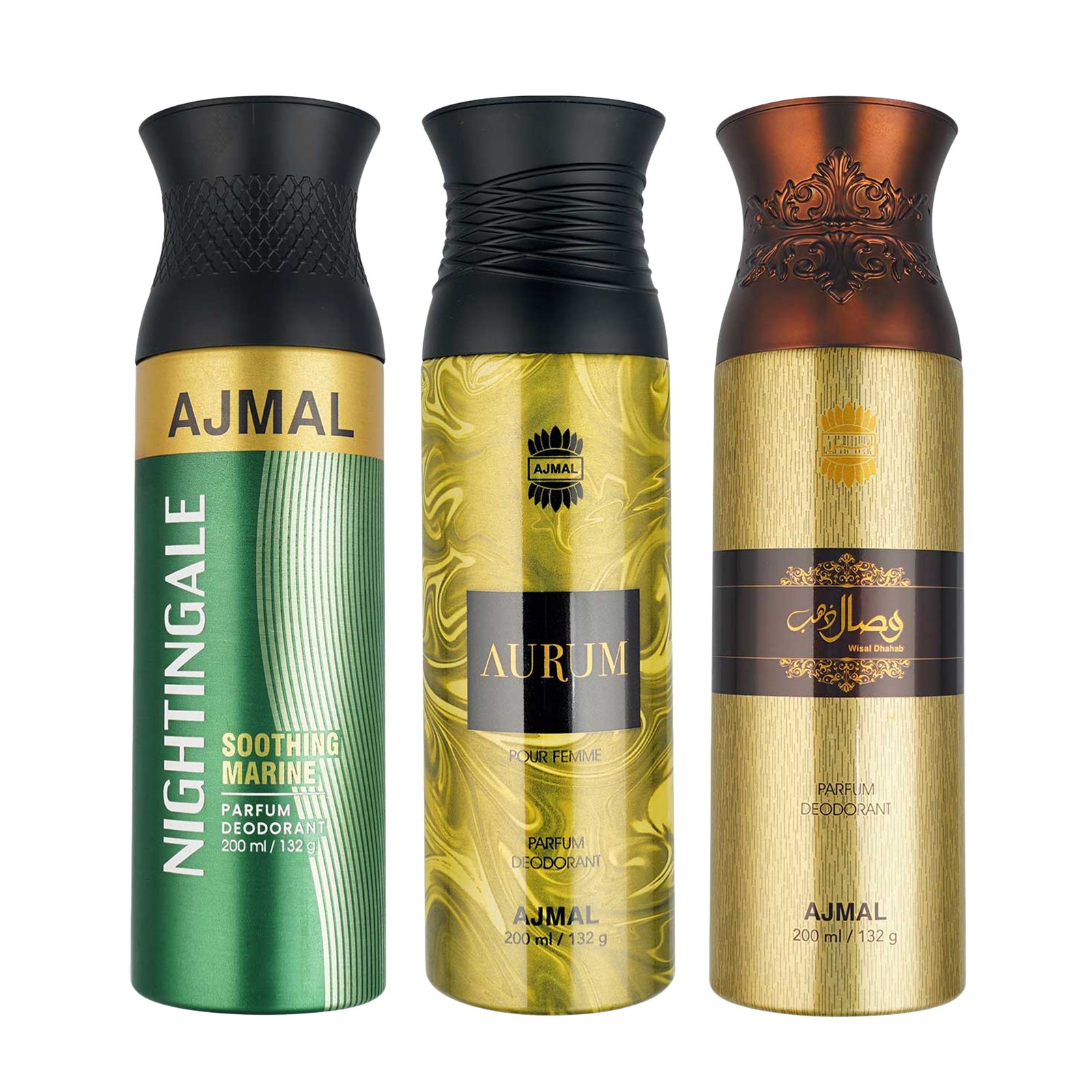 1 Nightingale For Unisex, 1 Aurum Femme for Women and 1 Wisal Dhahab for Men Deodorants each 200ML Combo pack of 3