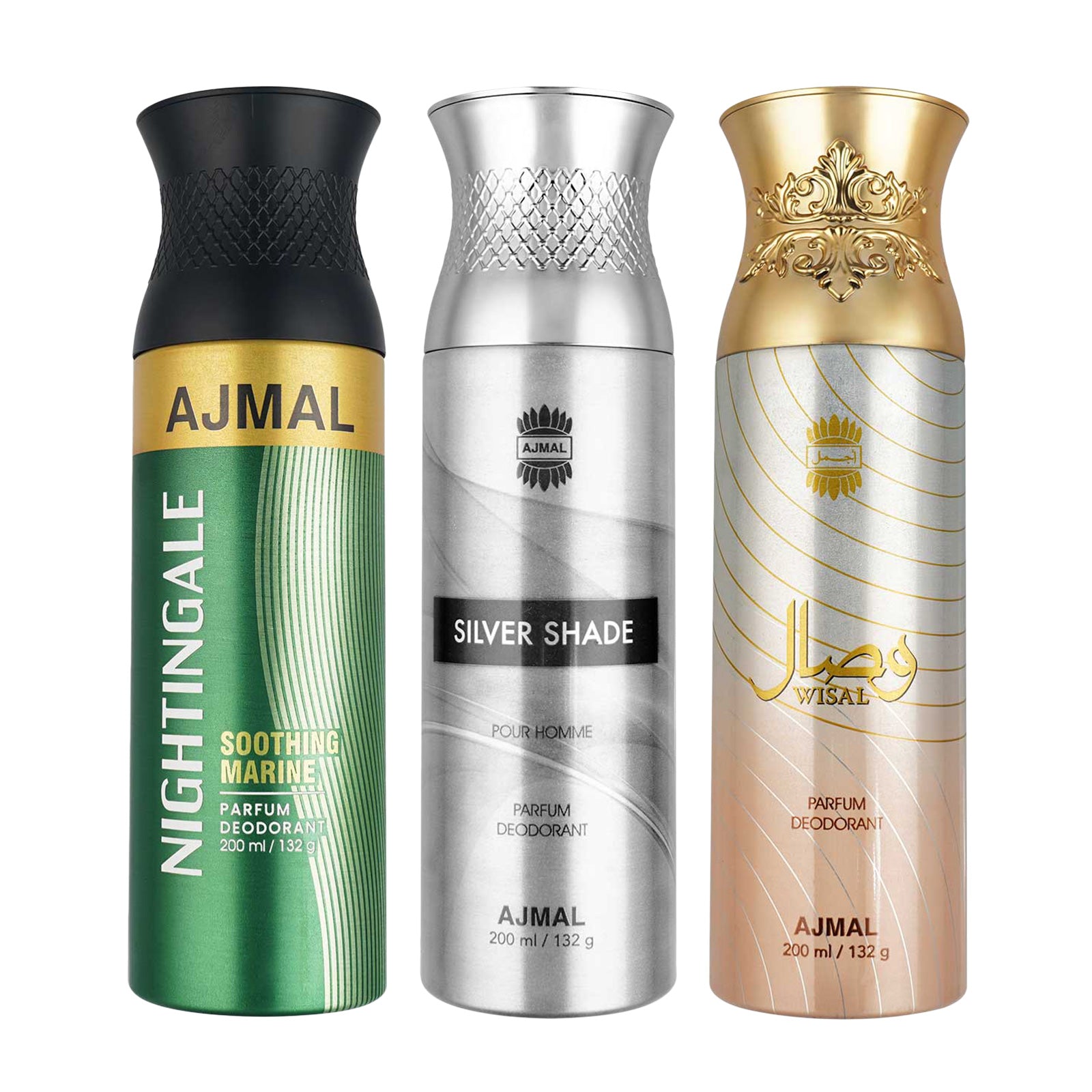 1 Nightingale For Unisex, 1 Silver Shade for Men and 1 Wisal for Women Deodorants each 200ML Combo pack of 3