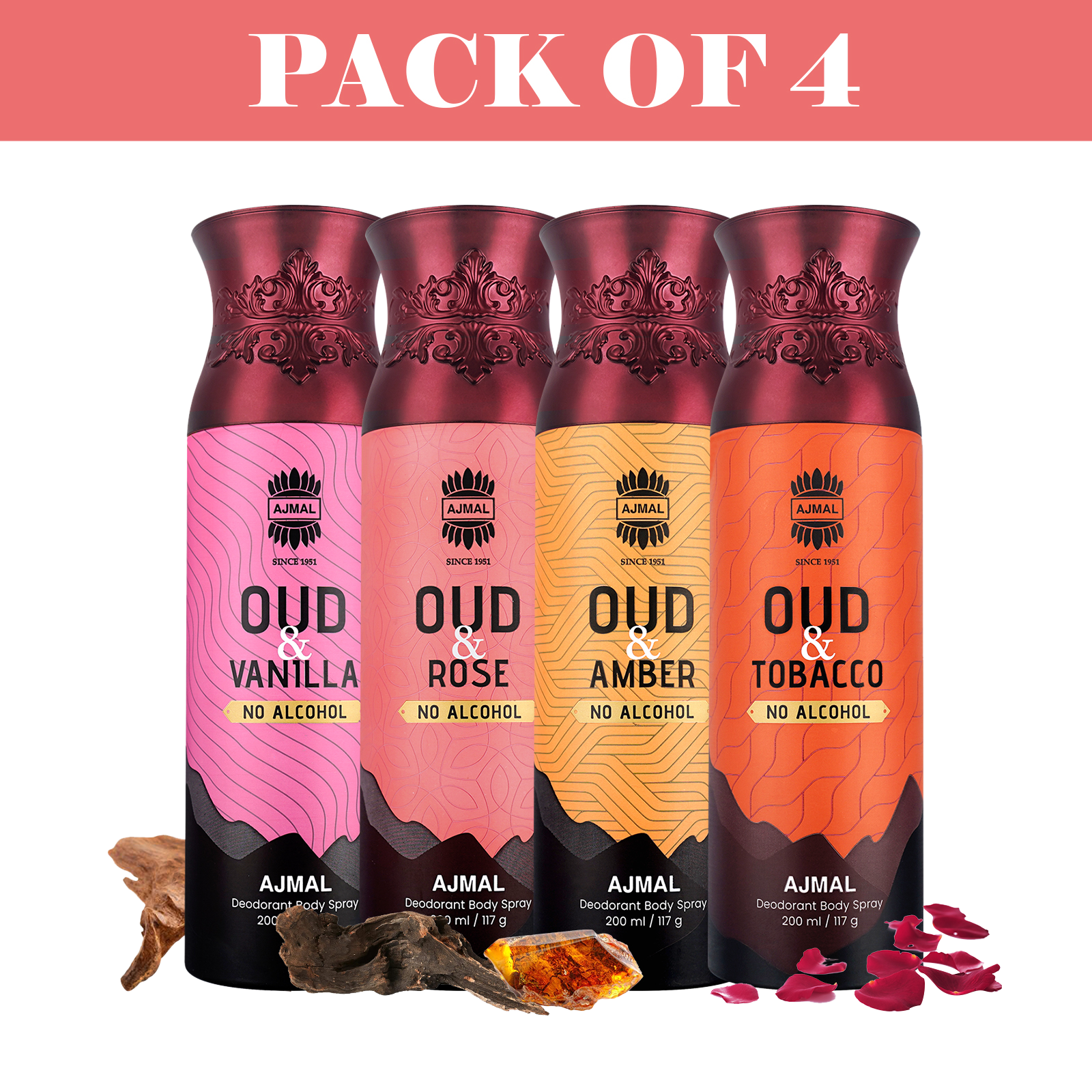 Non-Alcoholic Oud Amber, Rose, Tobacco, Vanilla Deodorant Body Spray Perfume 200ml Each Fragrance Gift for Unisex