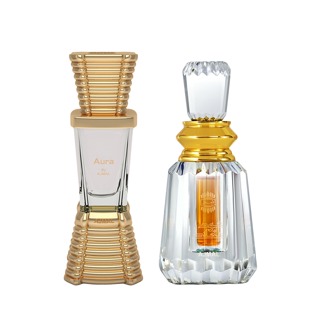 Oudh Mukhallat Concentrated Perfume Oil Oriental Oudhy Alcohol-free Attar 6ml for Unisex and Aura Concentrated Perfume Oil Floral Fruity Alcohol-free Attar 10ml for Unisex Pack of 2