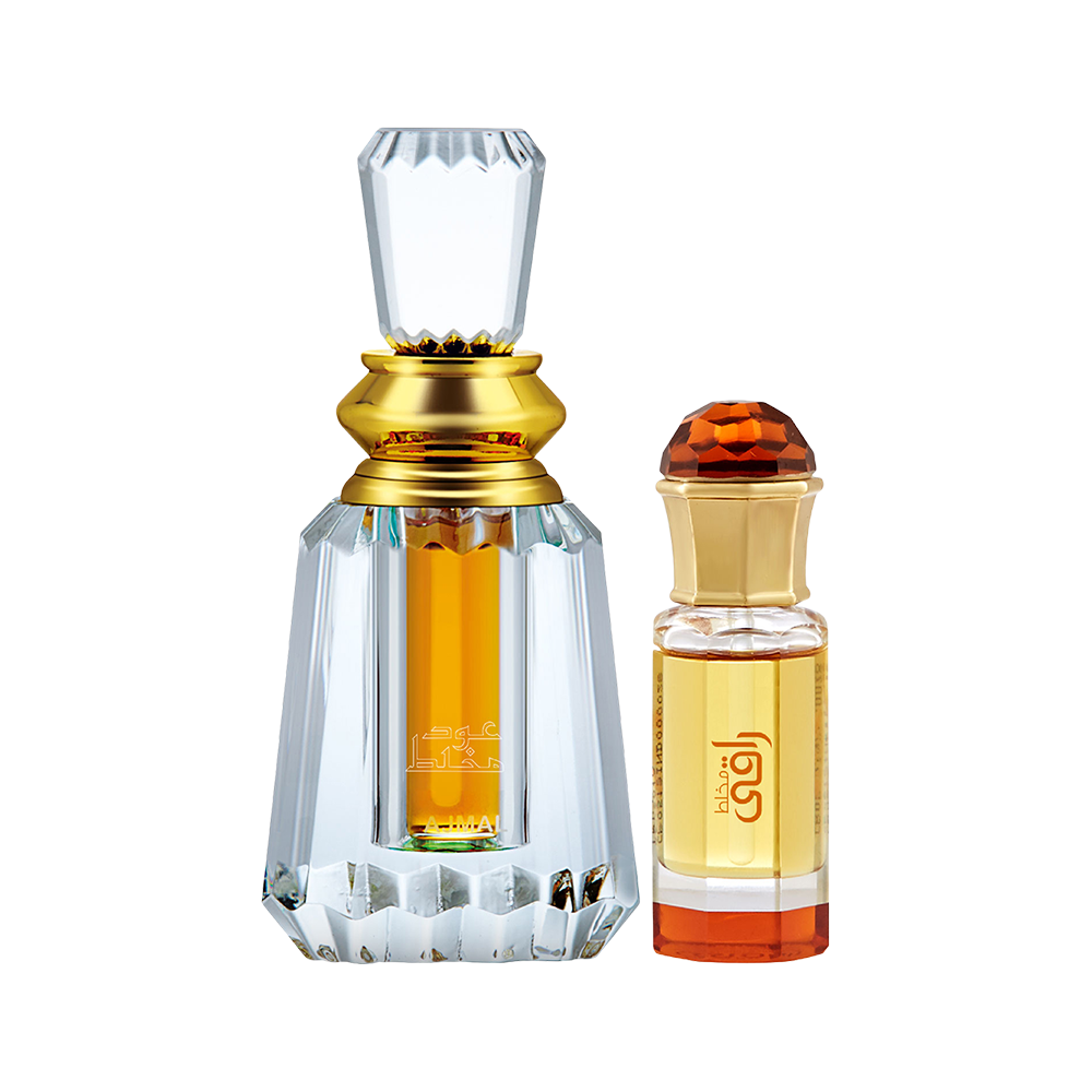 Oudh Mukhallat Concentrated Perfume Oil Oriental Oudhy Alcohol-free Attar 6ml for Unisex and Mukhallat Raaqi Concentrated Perfume Oil Floral Fruity Alcohol-free Attar 10ml for Unisex Pack of 2