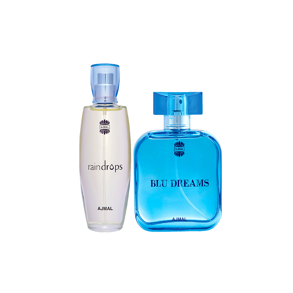 Raindrops EDP Floral Chypre Perfume 50ml for Women and Blu Dreams EDP Citurs Fruity Perfume 100ml for Men Pack of 2