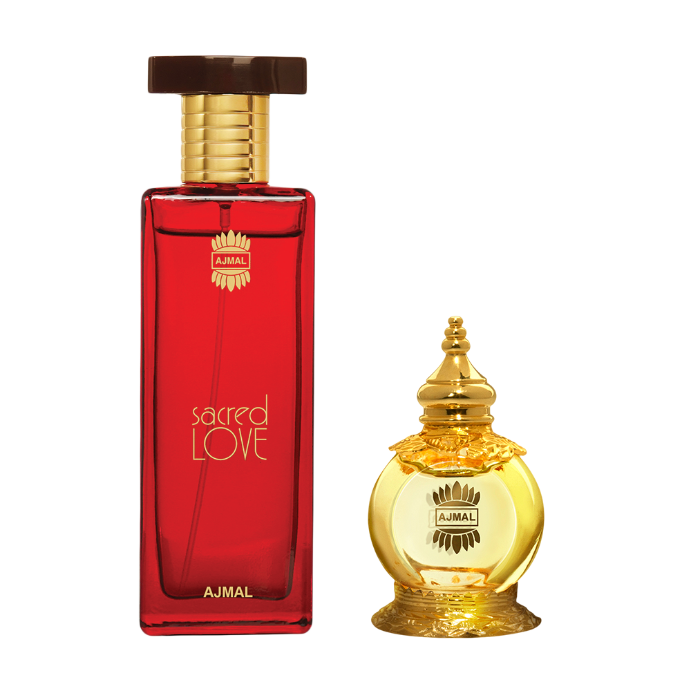 Sacred Love EDP Floral Musky Perfume 50ml for Women and Mukhallat AL Wafa Concentrated Perfume Oil Oriental Musky Alcohol-free Attar 12ml for Unisex Pack of 2